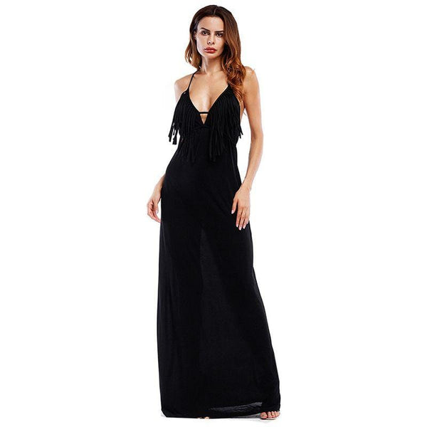 Women Solid Color Elegant Style Deep V Neck Tassel Long Length Cocktail Party Dress
