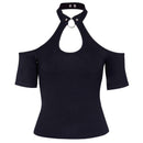 Women Solid Color Halter Pattern Cool Shoulder Short-sleeve T-shirt