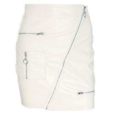 Women Solid Color Irregular Zipper Design PU Skirt