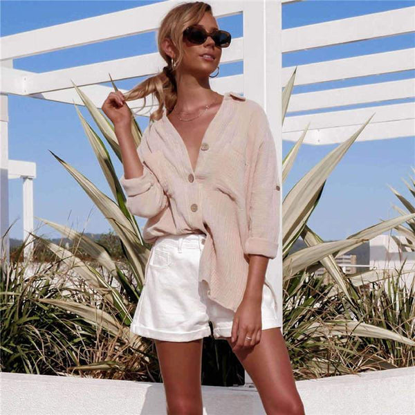 Women Solid Color Long-sleeve Button Casual Loose Blouses