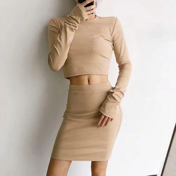 Women Solid Color Long-sleeve Crop Top Tight-fisted Tight Two-piece Set