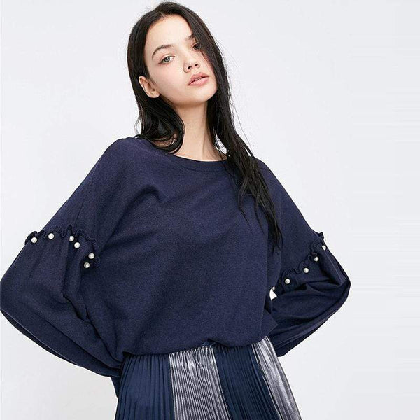 Women Solid Color Long Sleeve Loose Pattern Pearl Decoration Sweatshirt