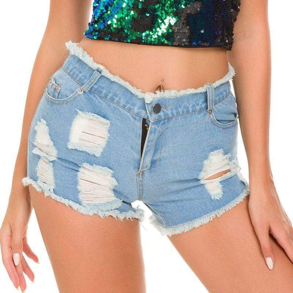 Women Solid Color Medium-waisted Raw Hem Ripped Denim Shorts