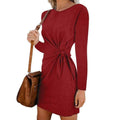 Women Solid Color Round Collar Long-sleeve Defined Waist Casual Dress