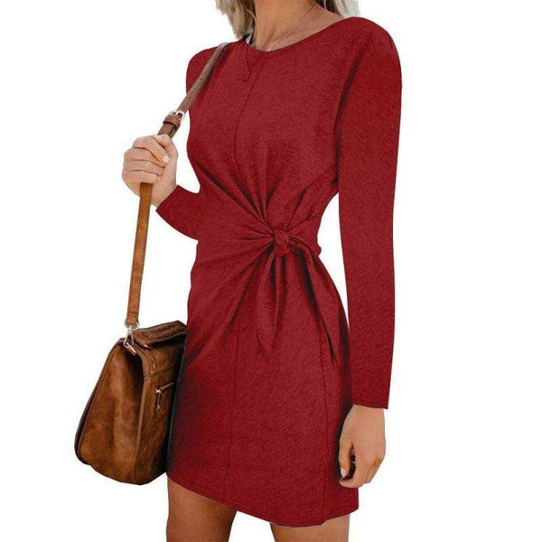 Women Solid Color Round Collar Long-sleeve Defined Waist Casual Dress