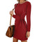 Women Solid Color Round Collar Long-sleeve Defined Waist Casual Dress