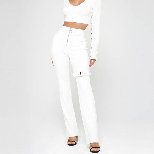 Women Solid Color Sexy Belt Design Stretchy Zipper Pants