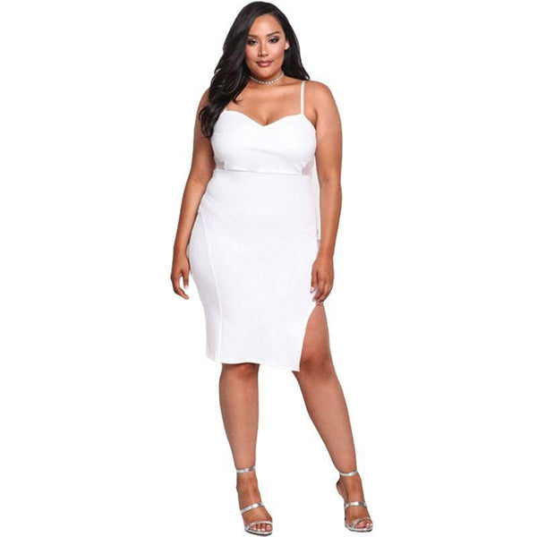 Women Solid Color Sexy Low Cut Side Slit Design Plus Size Slip Dress