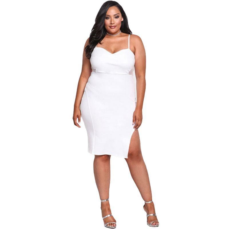 Women Solid Color Sexy Low Cut Side Slit Design Plus Size Slip Dress