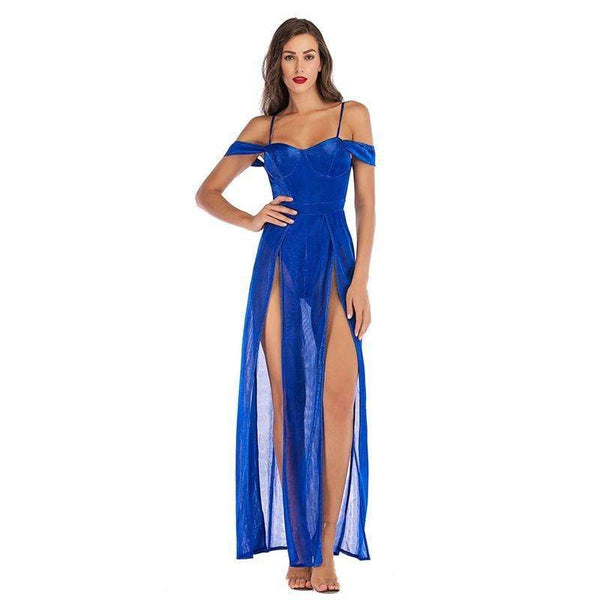 Women Solid Color Sexy Side-slit Design off-shoulder Backless Evening Dress