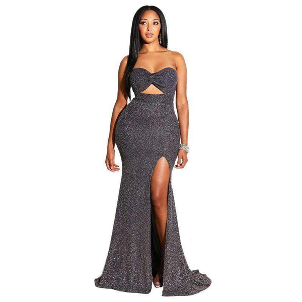 Women Solid Color Sexy Strapless Design Side-slit Long Dress