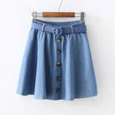 Women Solid Color Single-breasted Decorative Belt Design Denim Skirt