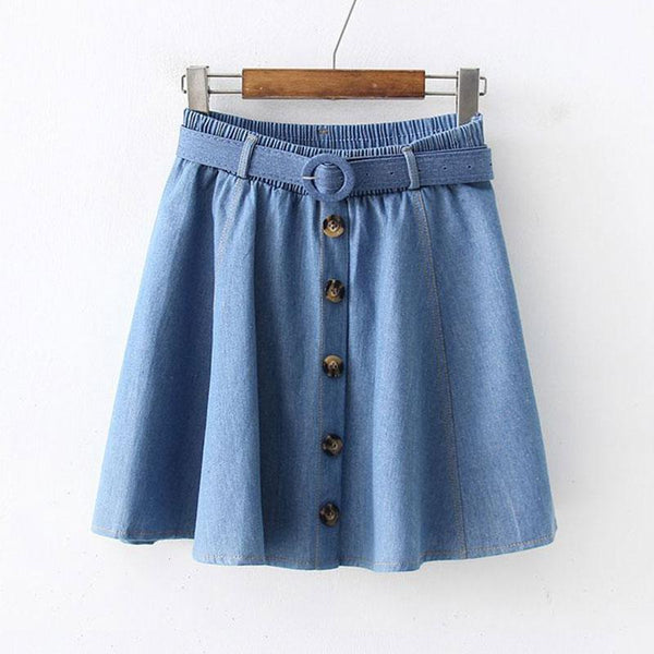 Women Solid Color Single-breasted Decorative Belt Design Denim Skirt