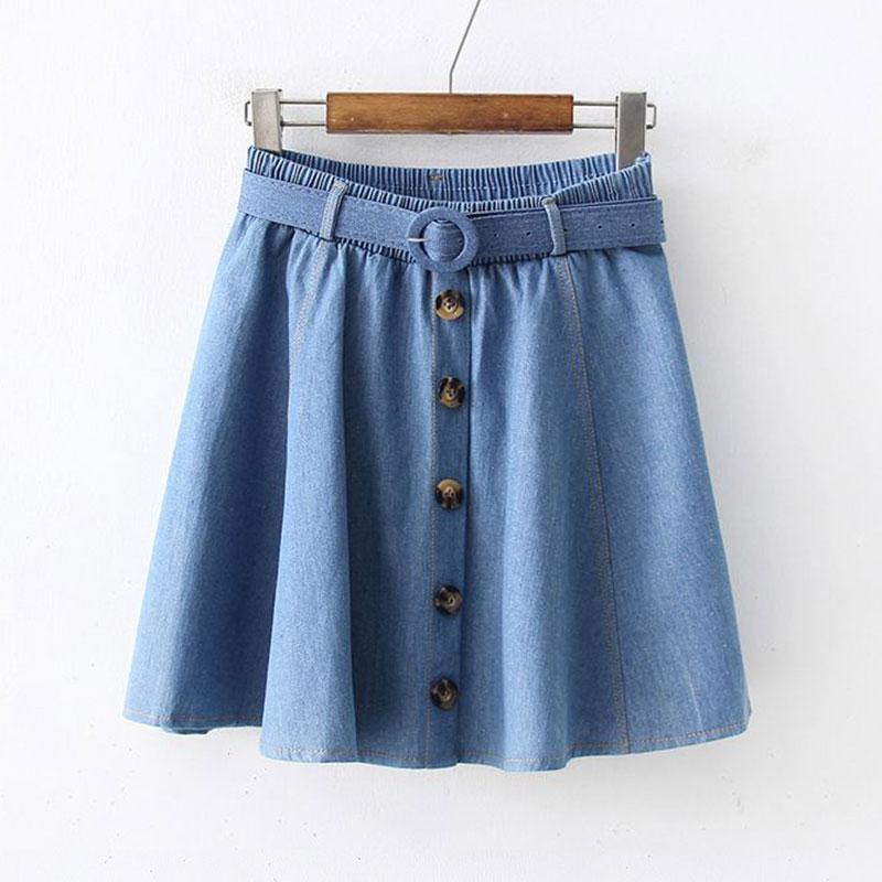Women Solid Color Single-breasted Decorative Belt Design Denim Skirt