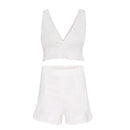 Women Solid Color V Neck Ruffled Tank Top Loose Shorts Set