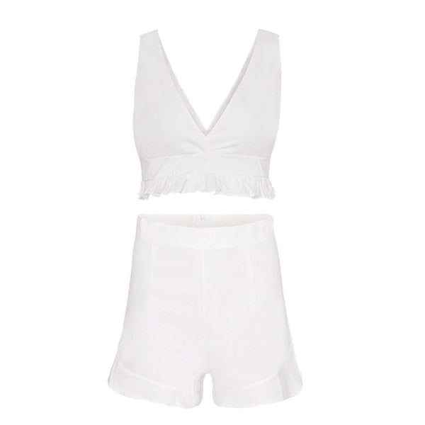 Women Solid Color V Neck Ruffled Tank Top Loose Shorts Set