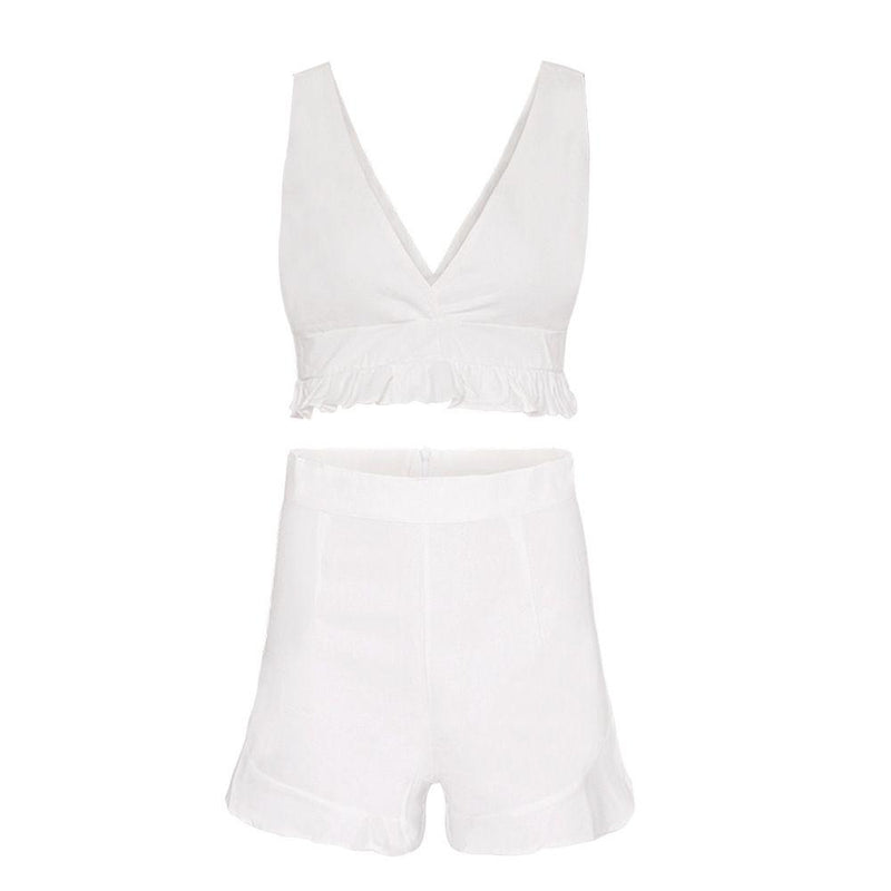 Women Solid Color V Neck Ruffled Tank Top Loose Shorts Set
