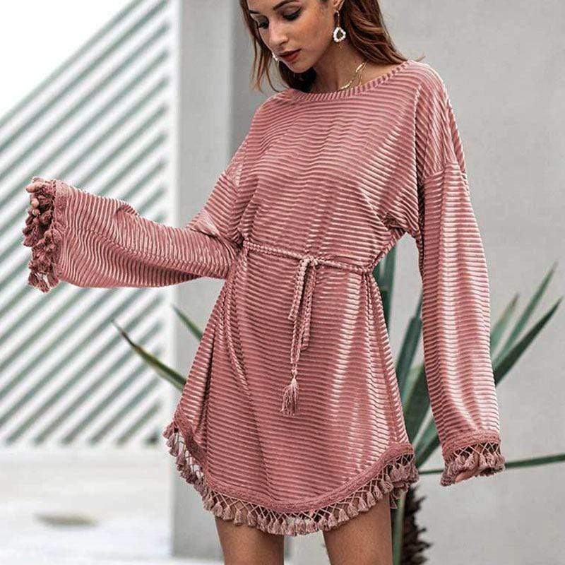 Women Solid Color Vintage Style Plus Size Loose Pattern Velvet Dress