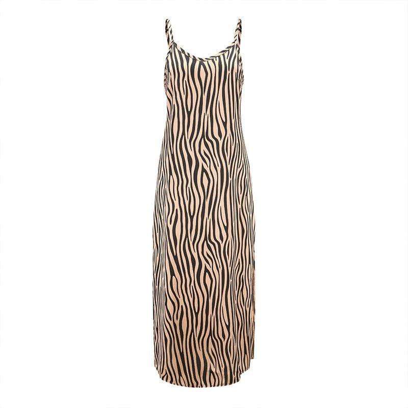 Women Spaghetti Strap Animal Zebra Printed Side-slit Midi Dress