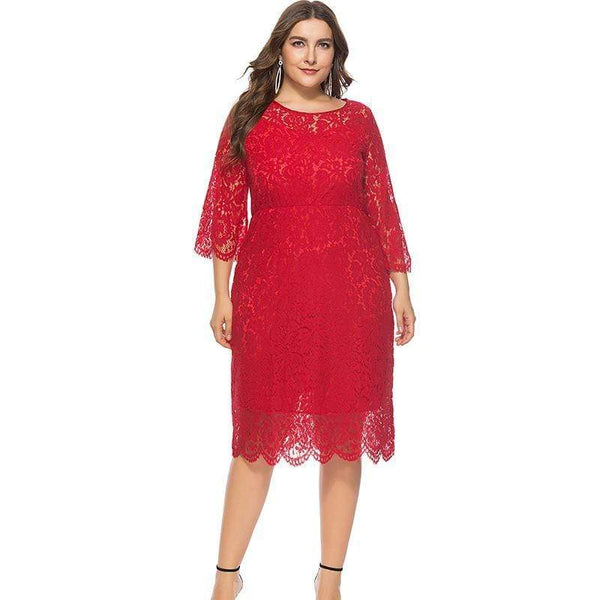 Women Spring Autumn New Design Solid Color High Quality Lace Three-quarter Sleeves Midi Dress