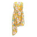 Women Strapless Flower Printed Overlap Asymmetric Hemline Yellow Dress