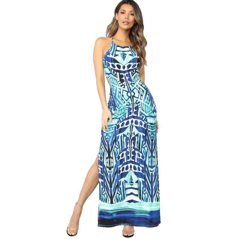 Women Summer New Graphic Print Side-slit Bodycon Slip Dress