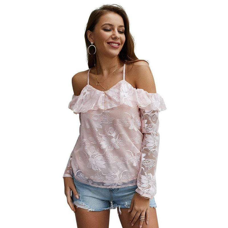 Women Sweet Flouncing Cool-shoulder Strap Blouse