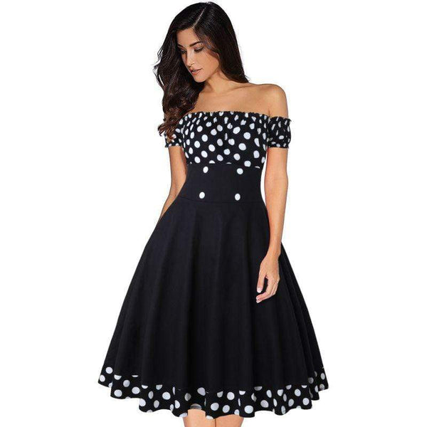 Women Sweet Off-shoulder Design Vintage Polka Dot Print Curvy Dress