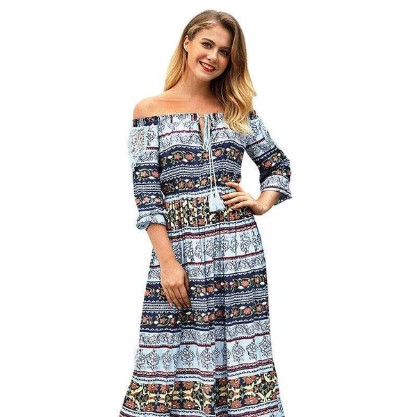 Women Sweet Off-shoulder Half Sleeves Pattern Summer Beach Maxi Dress