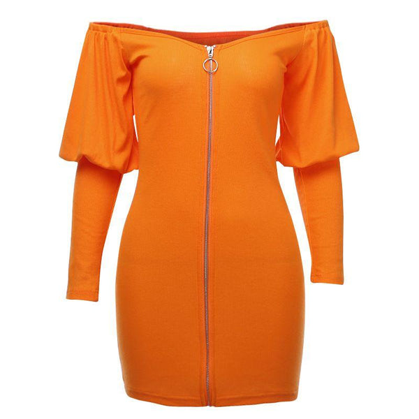 Women Sweet Off-shoulder Lantern Long-sleeve Pattern Zipper Design Bodycon Orange Dress