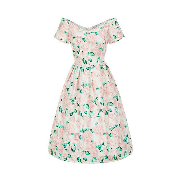 Women Sweet Pink Color Rose Printed Short Sleeves Off-shoulder Curvy Dress