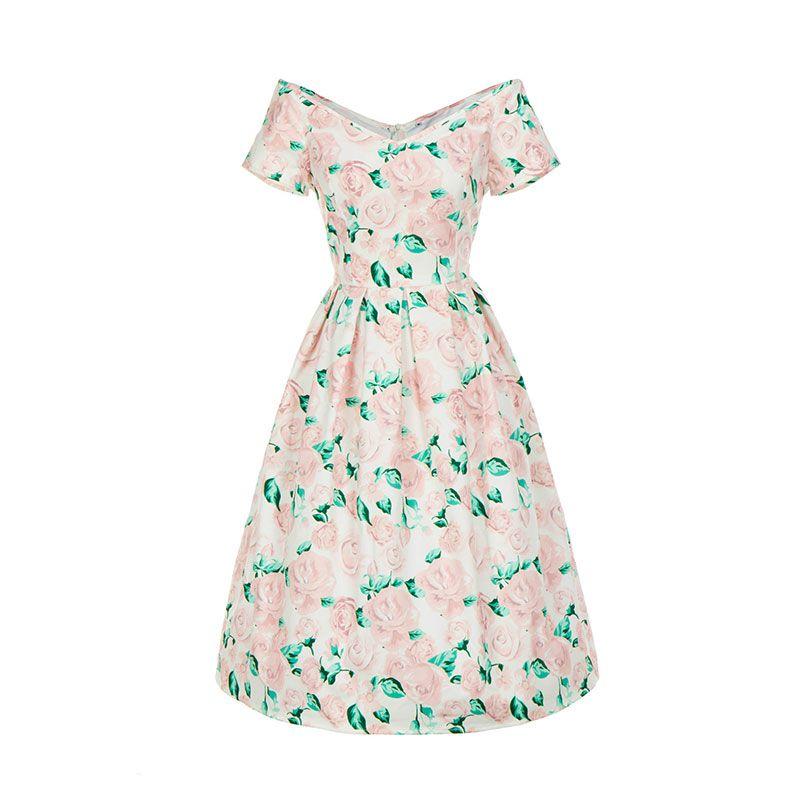 Women Sweet Pink Color Rose Printed Short Sleeves Off-shoulder Curvy Dress