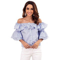 Women Sweet Ruffle Design Off-shoulder Short Sleeves Blouse