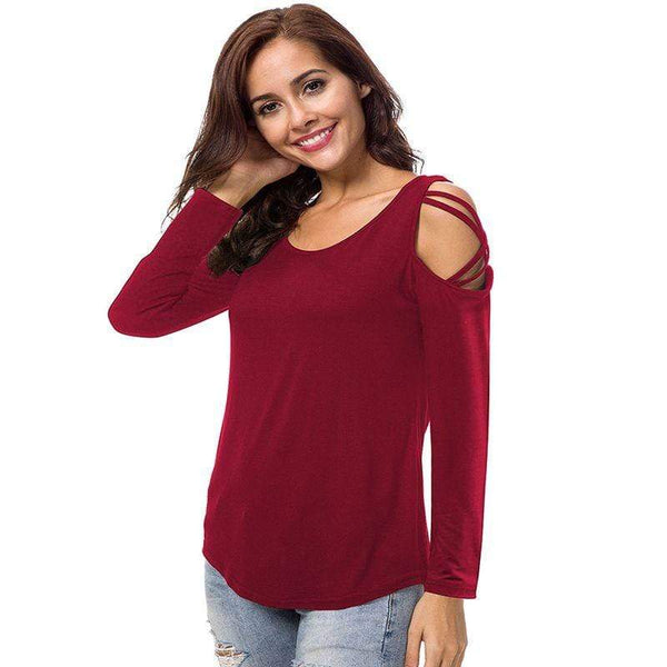 Women Unique Cool Shoulder Design Casual Solid Color Long Sleeves T-shirt