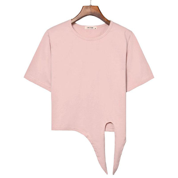 Women Unique Free-knot Design Solid Color Short-sleeve Cotton Cropped Top