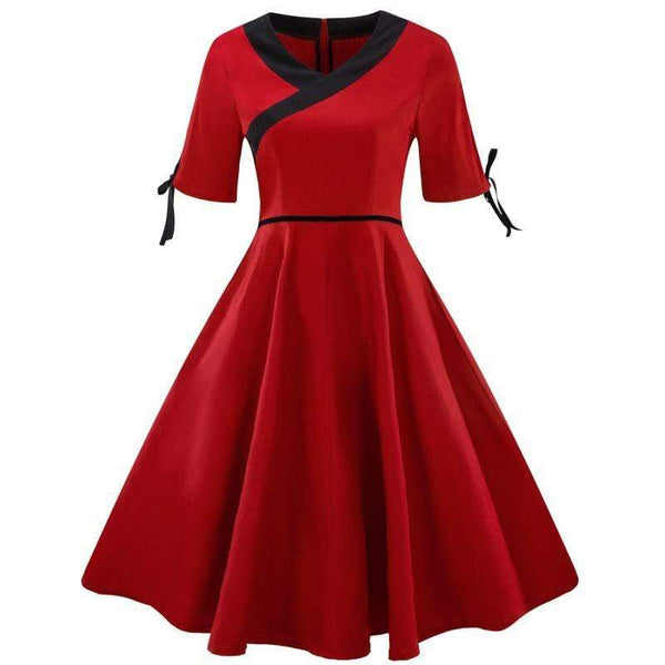 Women Unique Vintage Style Color Blocking Design Short Sleeves Party Dress