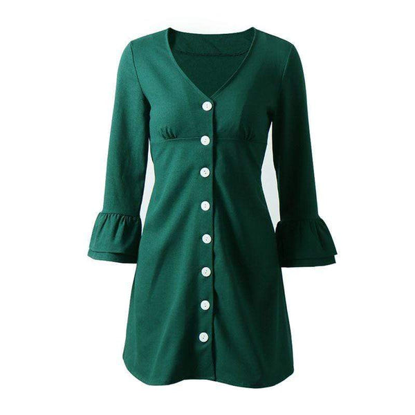 Women V Neck Button Flare Sleeve Defined Waist Solid Color Dress