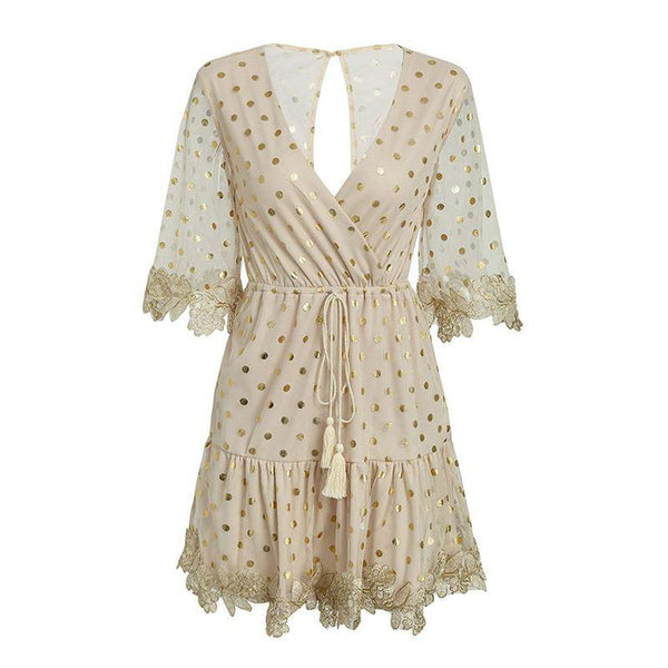 Women V Neck Flare Sleeves Design Summer Beach Mini Dress