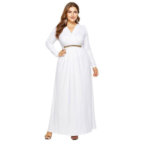 Women V Neck Long-sleeve Contrast Belted Design Maxi Dress