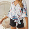 Women V Neck Long-sleeve Floral Print Knotted Chiffon Blouse