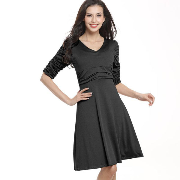 Women V Neck Long Sleeve Solid Color Swing Dress