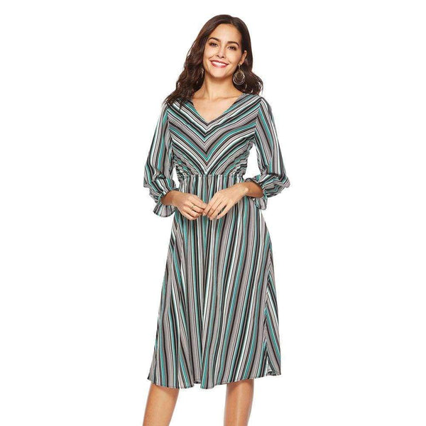Women V Neck Long-sleeve Stripes Pattern Office Wear Dress