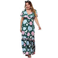 Women V Neck Ruffled Sleeve Hemline Creased Design Floral Print Maxi Dress