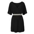 Women V Neck Short-sleeve Color Blocking Sash Design Casual Dress