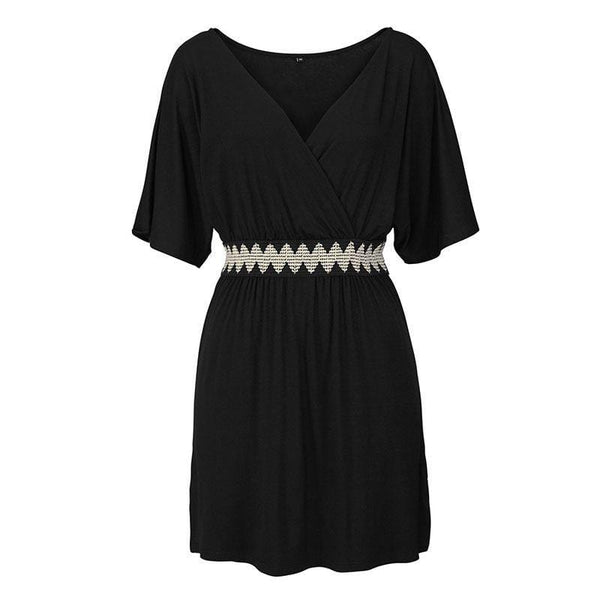 Women V Neck Short-sleeve Color Blocking Sash Design Casual Dress