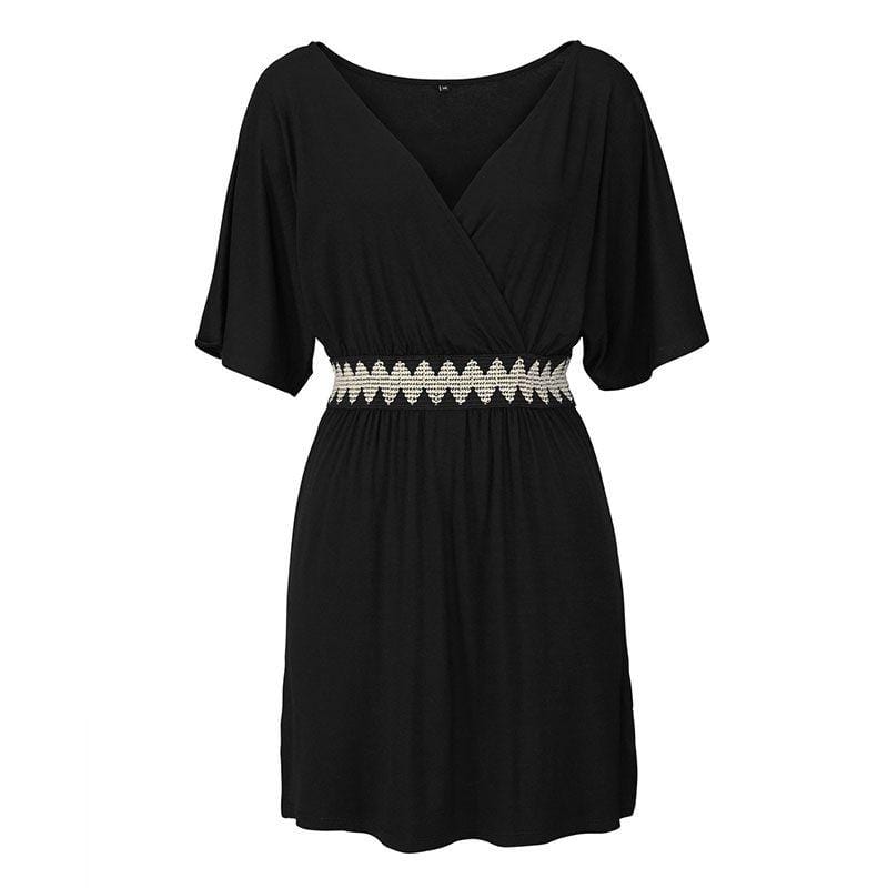 Women V Neck Short-sleeve Color Blocking Sash Design Casual Dress