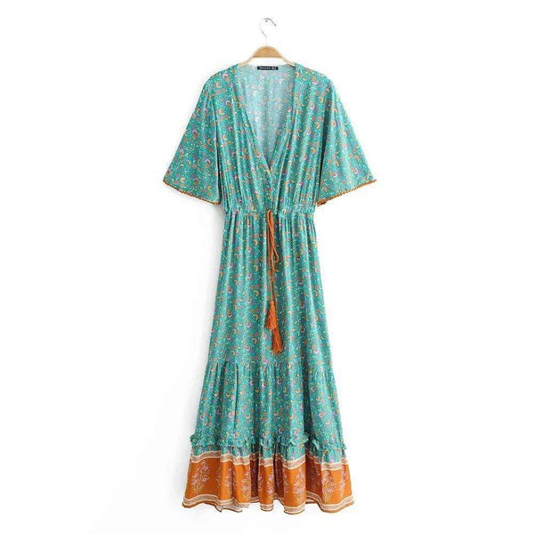 Women V Neck Short-sleeve Ethnic Print Maxi Dress