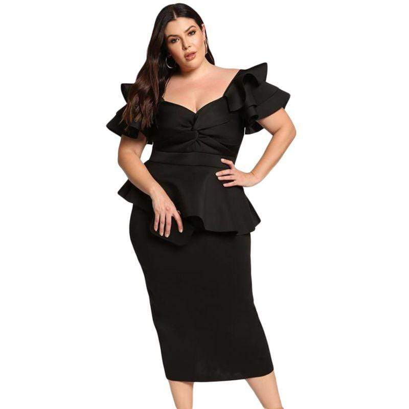 Women V Neck Short-sleeve Ruffle Midi Dress