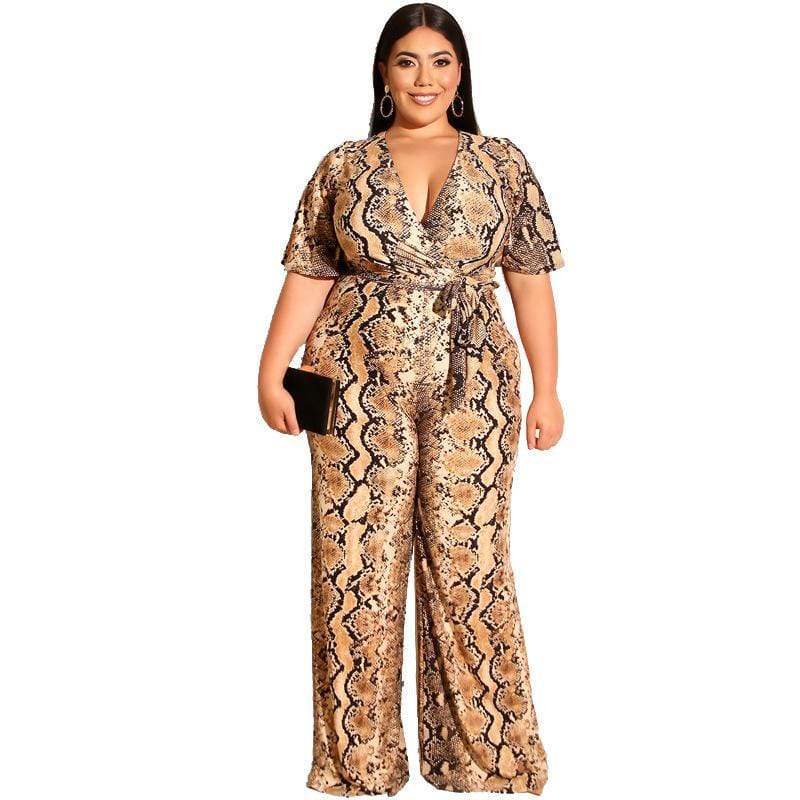 Women V Neck Short-sleeve Snakeskin Print Straight Jumpsuits