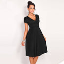 Women V Neck Short Sleeves Solid Color Swing Dress